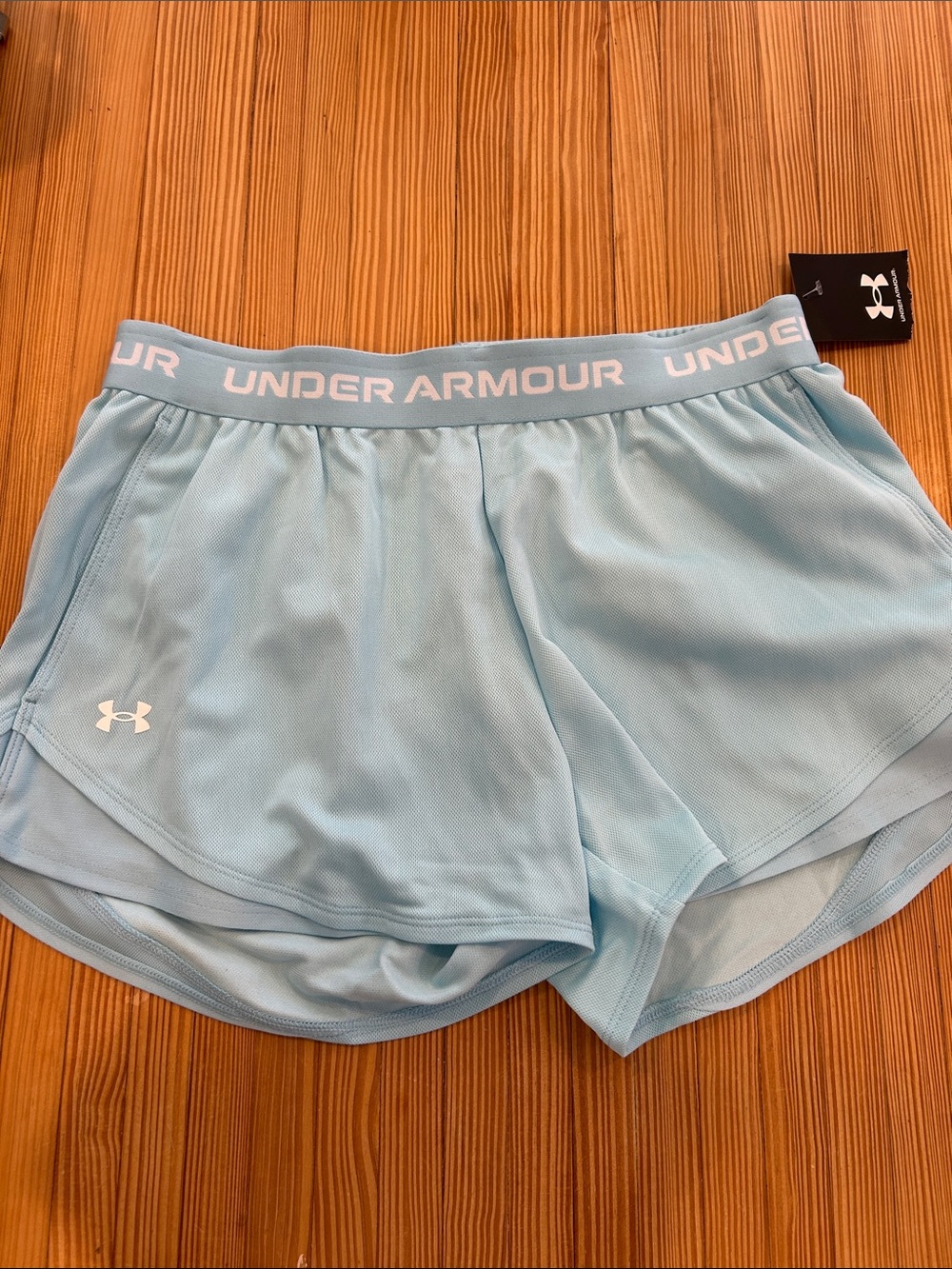 NWT Under Armour Women's Light Blue Athletic Shorts with Logo Waistband